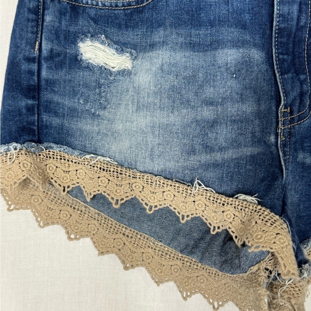 Free People Blue Denim Lace Trim Jean Shorts - Picture 4 of 10